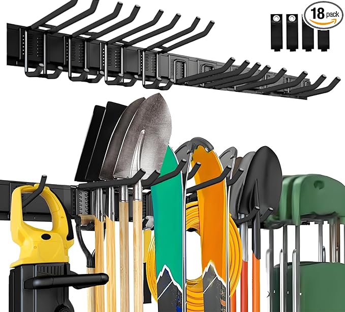 64'' Garage Tool Organizer Wall Mount, 18 PCS Adjustable Garden Tool Hanger Rack, Garage Hooks Heavy Duty, Shovel Holder Wall Mount, Storage Hooks for Hanging in Garage