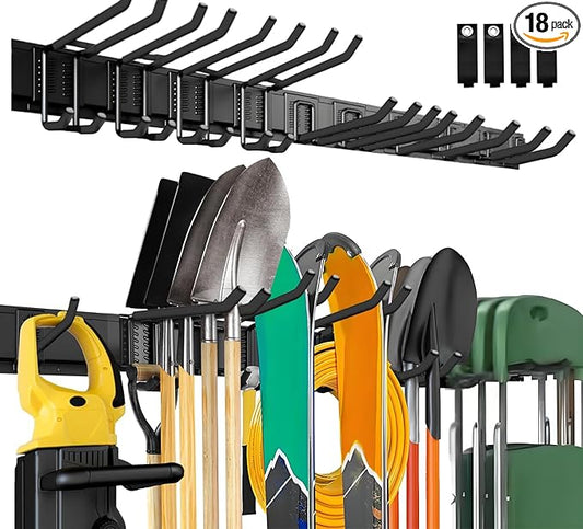 64'' Garage Tool Organizer Wall Mount, 18 PCS Adjustable Garden Tool Hanger Rack, Garage Hooks Heavy Duty, Shovel Holder Wall Mount, Storage Hooks for Hanging in Garage
