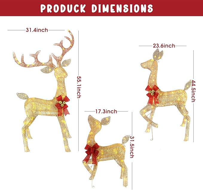 4ft Outdoor Christmas Reindeer Decor Set of 3 with 240 Warm White LEDs, Durable Metal Frame, Weatherproof Plush Fabric for Christmas Home Yard Garden Lawn Decorations, Easy Assembly, Gold