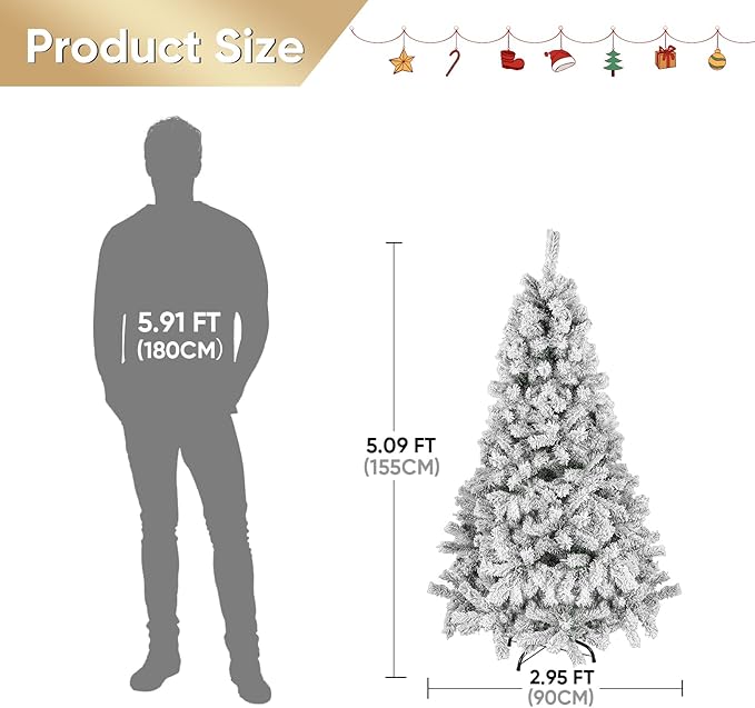 Northroad 5ft Pre-lit Flocked Christmas Tree with Incandescent Warm White Lights, Artificial Xmas Tree W/500 Branch Tips, 200 Lights & Foldable Stand