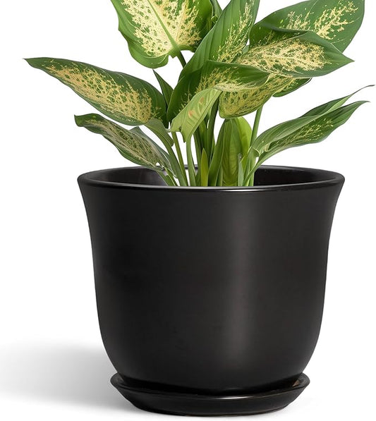 Ceramic Planter - 5.6 Inch Plant Pot for Indoor Outdoor, Round Succulent Pots with Drainage Hole and Saucer, Orchid Flower Pot, Modern Planter, Home Office Decor, House Warming Gifts, Black