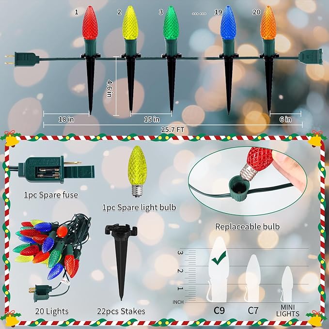 C9 Strawberry Christmas Pathway Lights Outdoor, 20 LED Multicolor Outdoor Christmas String Lights with Stakes, 25.7FT Holiday Decorations for Indoor, Outside,Roofline, Backyard, Xmas Decor