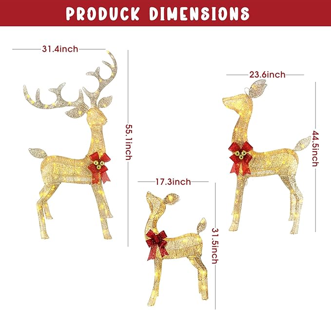 Light Up Christmas Reindeer Decor Set of 3 (4ft Tall) with 240 LED Lights, Ideal as Outdoor Christmas Decorations Yard Display or Indoor Home Decor, Features Sturdy Metal Frame and Ground Stakes