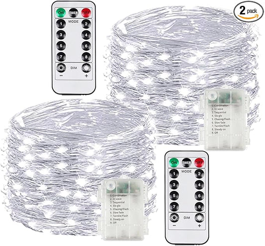 2 Pack 100LED Battery Operated Fairy Lights with Remote, 8 Modes LED String Lights with Timer, Dimmable, Memory Function, Waterproof Twinkle Lights for Outdoor Indoor Christmas Decor(Cool White)