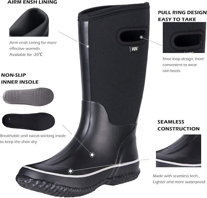 WTW Mid Calf Rain Boots for Women - Waterproof Insulated Neoprene Mud Boots Outdoor Hunting Garden Boots