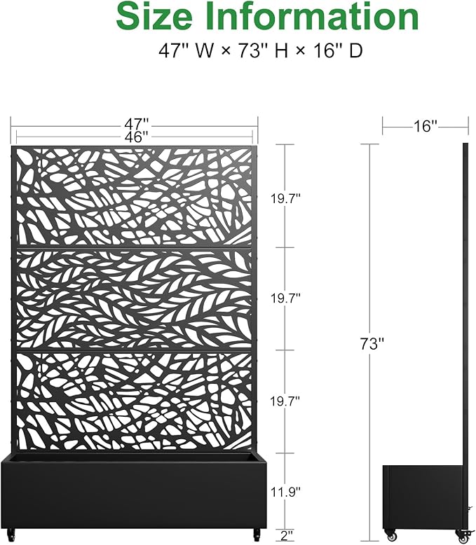Casaphoria Metal Raised Garden Bed with Trellis and Wheels, 72"x 47"x 16" Planter Box for Climbing Plants, Vegetables & Vines, Features Drainage Holes and Privacy Screen,Black(Black-Spring&Net)
