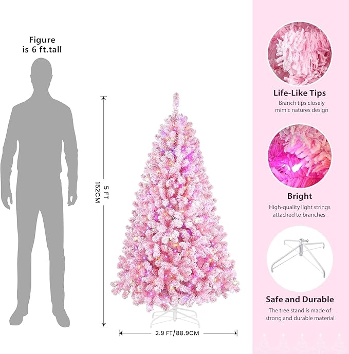 SHareconn 6ft Prelit Snow Flocked Spruce Artificial Christmas Tree with Remote (Upgraded), 330 Pre-Lit Multi-Color RGB Lights, Full Snow Branch Tips for Home, Office, Xmas Decoration, 6 FT Pink
