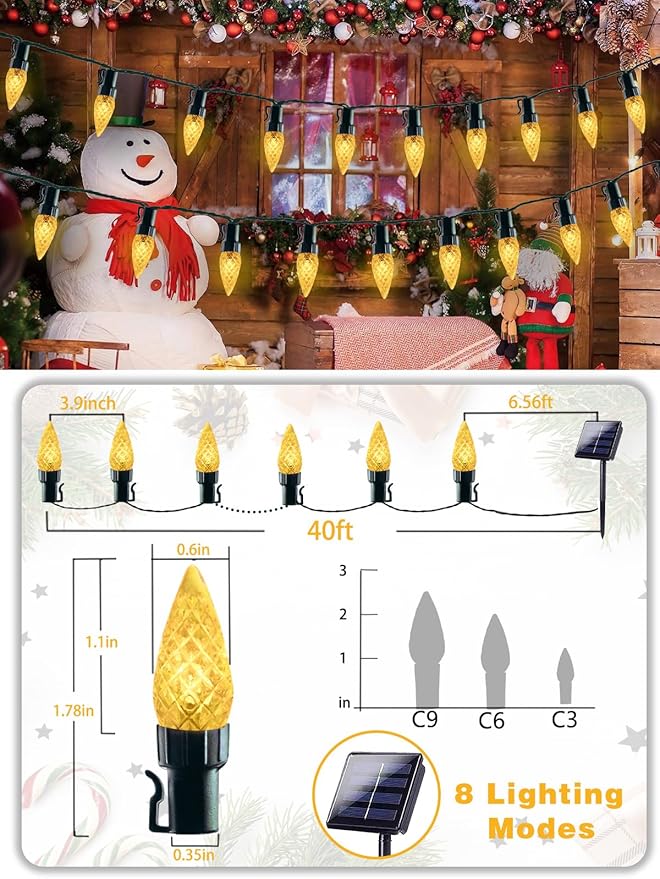 C6 Solar Christmas Lights Outdoor, 50 LED 16FT Christmas Decorations Outdoor Waterproof, Solar String Lights for Outside with 8 Modes, Fairy Twinkle Light for Tree Party Garden Xmas Decor (Warm White)
