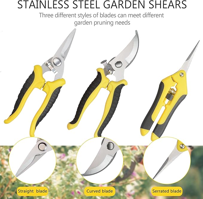 Pruning Shears Gardening Scissors Tools: 3pcs Outdoors&Indoor Garden Clippers, Rose Snips, Plant Clippers, Wood Pruner, Gardener Work Accessories for Flower Arrangement, Yard Landscaping (Yellow)