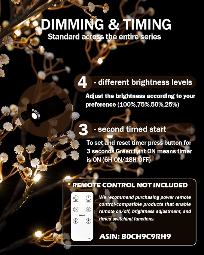 6ft Lighted Baby's Breath Tree with 184 Warm White LED Lights for Holiday Decor - Dimmable, UL Certified, Waterproof - Ideal for Indoor and Outdoor Decoration