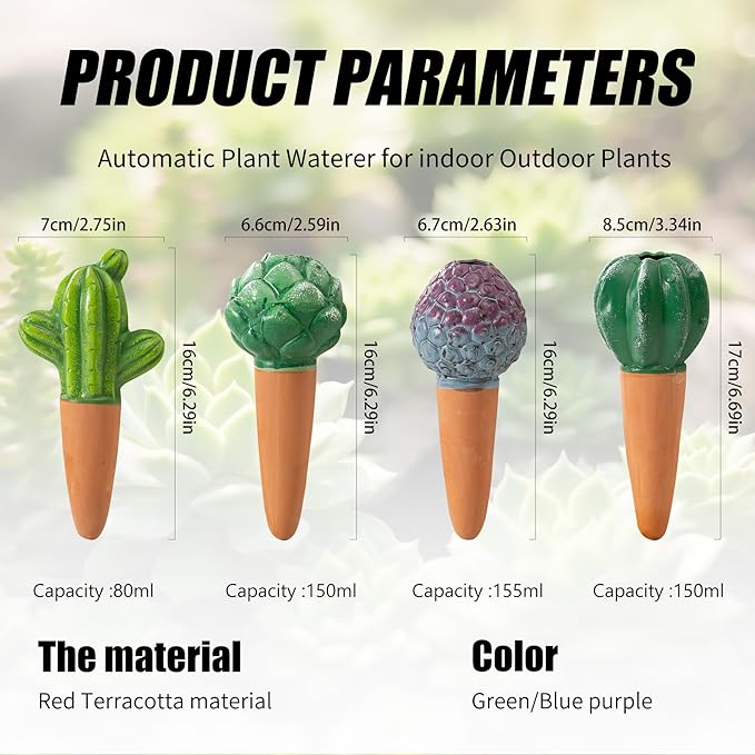 4 Pack Watering Globes - Terra Cotta Watering Spikes for Indoor Plants, Handcrafted Cactus Shape Self Watering Devices with Slow Release System, Plant Water Bulbs for Vacation & Outdoor Pots