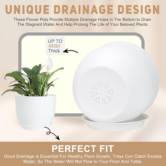 Plant Pots 10/9/8/7.5/7 inch Flower Pots with Multi Mesh Drainage Holes, Planters for Indoor Outdoor Garden Plants and Flowers. (White)