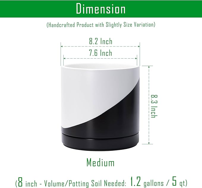 D'vine Dev 8.2 Inch Ceramic Planter Pot with Drainage Hole and Saucer, Indoor Cylinder Round Planter Pot, Oblique Monochrome Black and White, 94-O-D-K