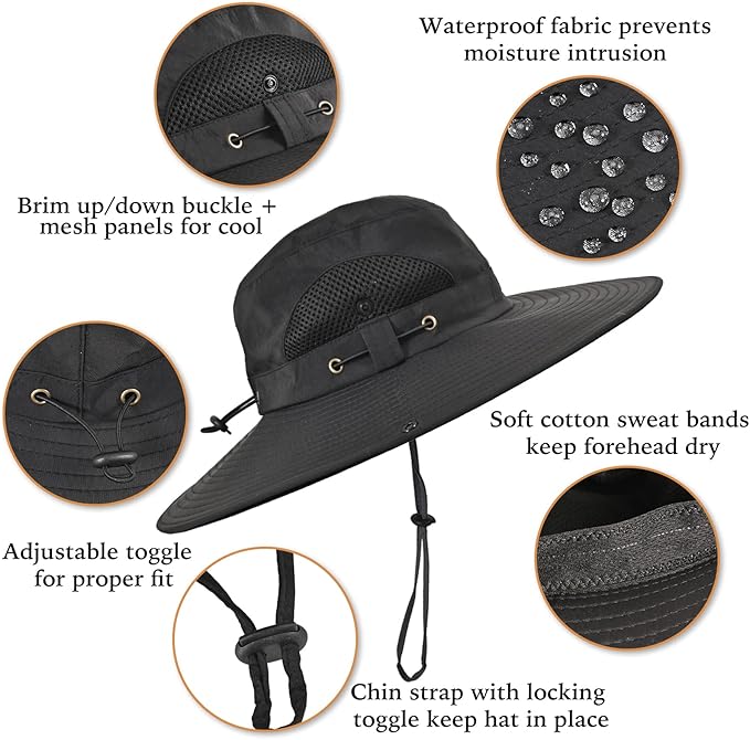 Wide Brim Fishing Sun Hat for Men Women, UPF 50+ Waterproof Bucket Boonie Hat Hiking Camping Safari Garden Beach