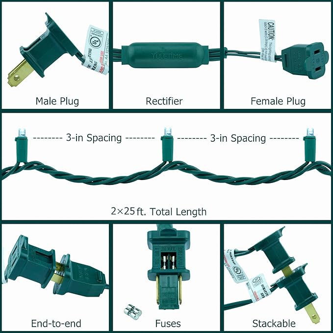 YULETIME Cool White Wide Angle LED Christmas Lights 200 Count 50 ft, Pack of 2 Strands 25 ft 100 Lights UL Certified Commercial Grade String Light Set (Cool White)