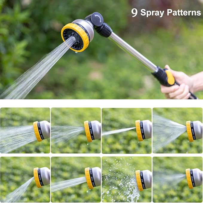FANHAO Metal Garden Hose Wand, 16-Inch Heavy Duty Watering Wand with 9 Spray Patterns, 180° Rotating Long Garden Hose Nozzle Thumb Flow Control, Ideal to Water Hanging Baskets and Shrubs -Yellow