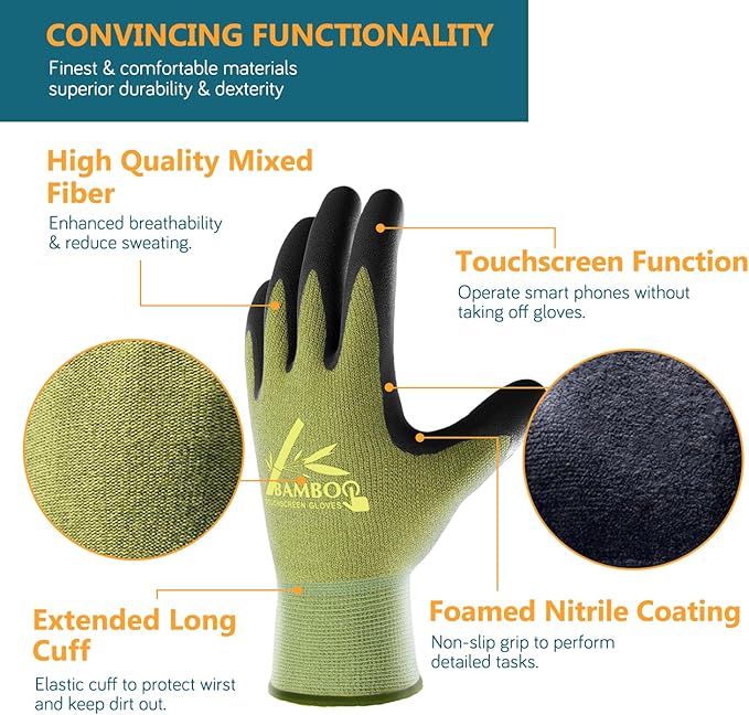 COOLJOB 2 Pairs Gardening Gloves for Women and Men, Bamboo Working Gloves Touchscreen, Grippy Nitrile Rubber Coated Work Gloves, Green/Black, Large Size (2 Pairs L)