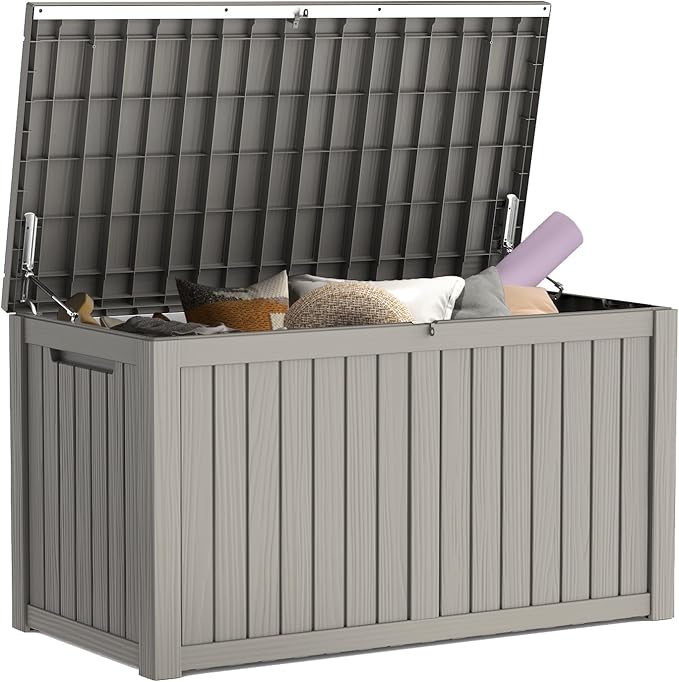 Mars Villa 180 Gallon Outdoor Storage Box Waterproof, Extra Large Resin Deck Box, Outside Storage Bin for Patio Furniture Cushion, Pool Supply, Sports Gear, UV Resistant and Weatherproof, Greige