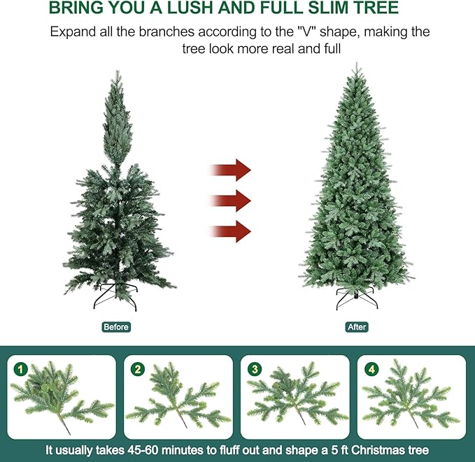 5 FT Prelit Artificial Skinny Christmas Tree,Blue Spruce Slim Pencil Xmas Tree with 926 PE&PVC Mixed Branch Tips and 250 UL Listed Clear Lights,Hinged Pine Tree with Metal Stand for Home Office Décor