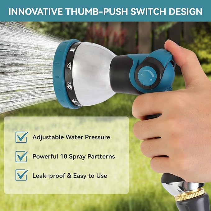 Garden Water Hose Nozzle Metal Heavy Duty Sprayer Thumb Control with 10 Spray Modes Suitable for Watering Plants, Iawn and Garden, Car Washing, Cleaning, Showering Pets and Outdoor Fun, Blue