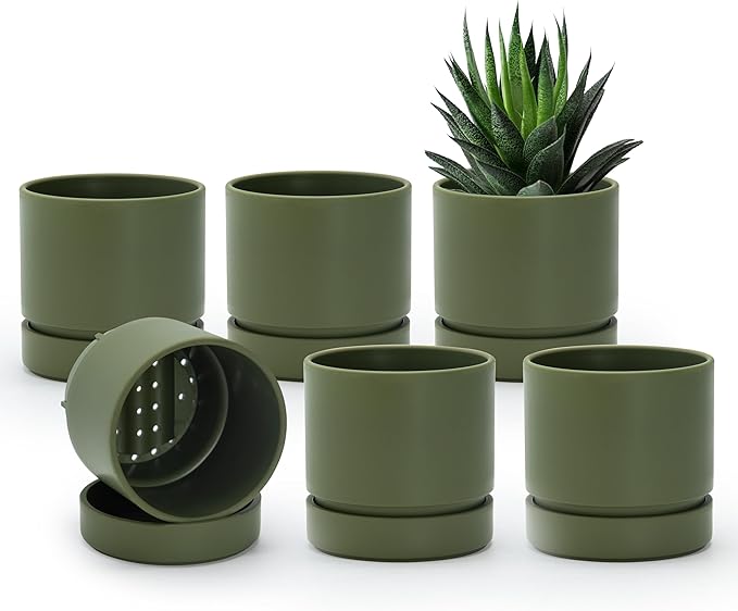 Phoenix Vine 4 Inch Planter Pot with Drainage Hole & Saucer, Deep Water Catch Tray, Straight Cylindrical Round Pot for Plants, Olive, Pack of 6, 23-F-R-6