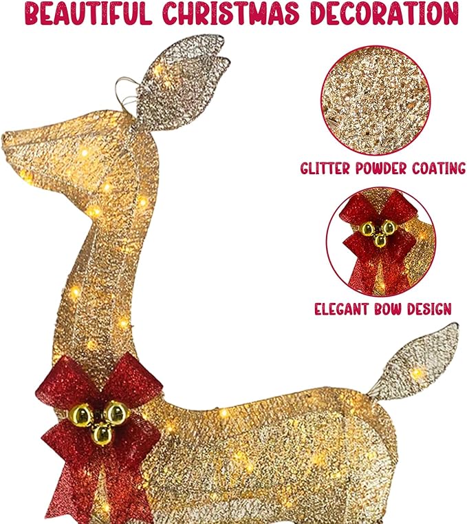 Outdoor Christmas Reindeer with Lights, 4ft Tall Set of 3 Deer with 240 LEDs, Ground Stakes, Perfect as Vintage Christmas Home Decor for Patio, Lawn, and Outdoor Party Decorations, Gold