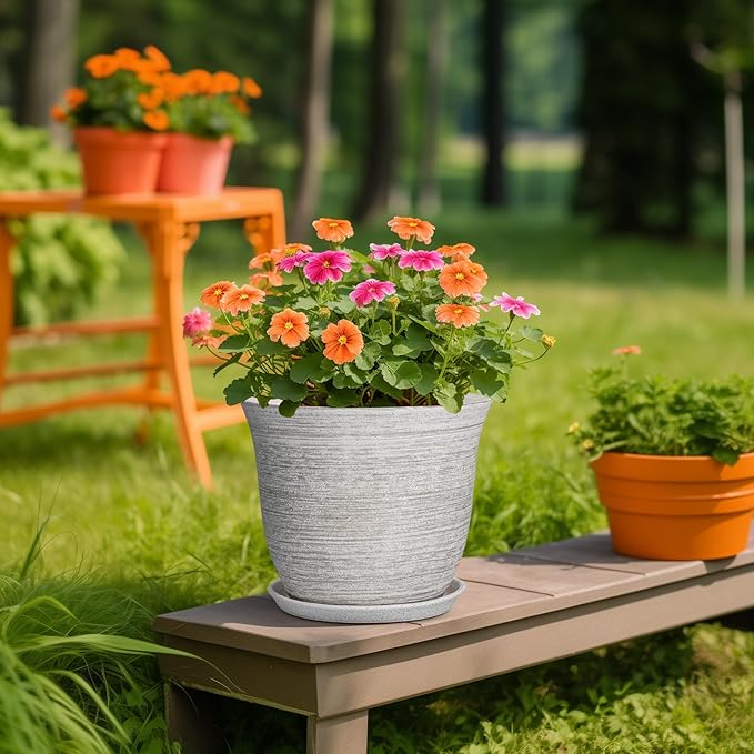 Ceramic Flower Pots - 10 Inch Plant Pot with Drainage Hole and Saucer, Round Planter for Indoor Outdoor, Modern Planters, Large Flower Pot, Home Porch Garden Decor, Plant Lover Gifts, Grey