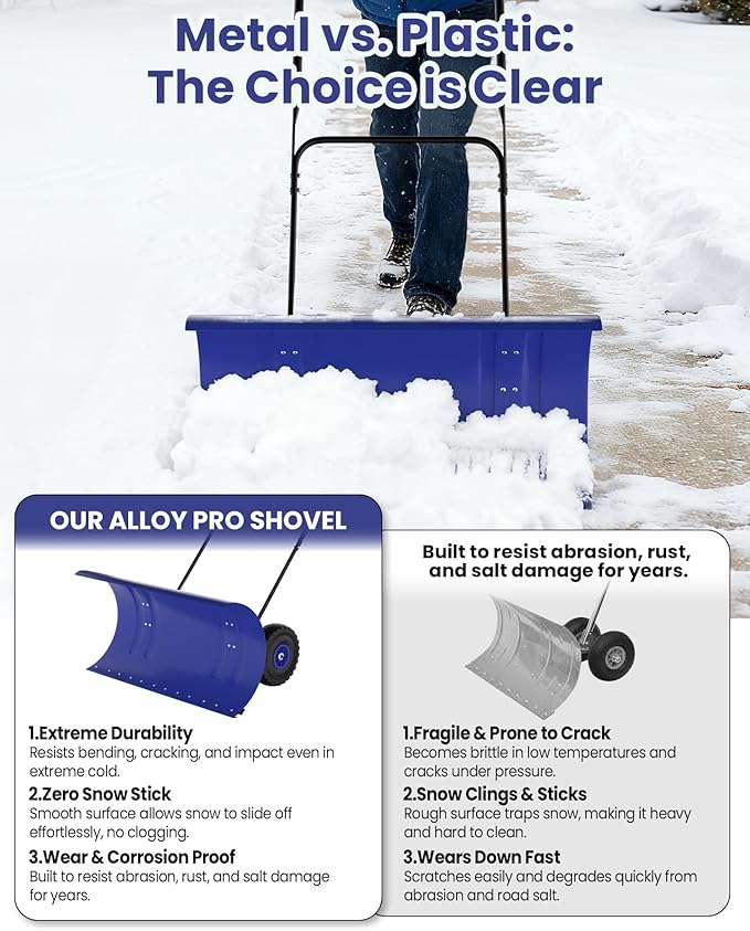 36" Snow Pusher Shovel with Wheels, Adjustable Ergonomic U-Handle Snow Plow for Driveway, Heavy Duty Wheeled Rolling Shovels for Driveway and Sidewalks with Angeled Blade