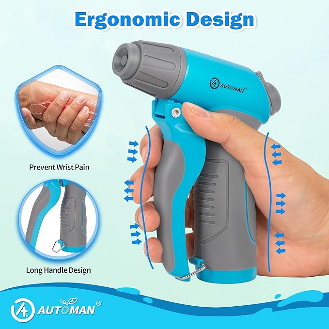 AUTOMAN Garden Hose Nozzle, 4 Adjustable Patterns Hose Sprayer, Heavy Duty High Pressure Water Hose Nozzle for Pets Bathing and Cleaning, Car Washing, Watering Plants in Lawn and Garden & Outdoor Fun.