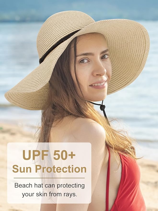 Senker Fashion Sun Hats for Women, Wind Lanyard Wide Brim Straw Hat for Summer Beach Garden Vacation Foldable UPF 50+