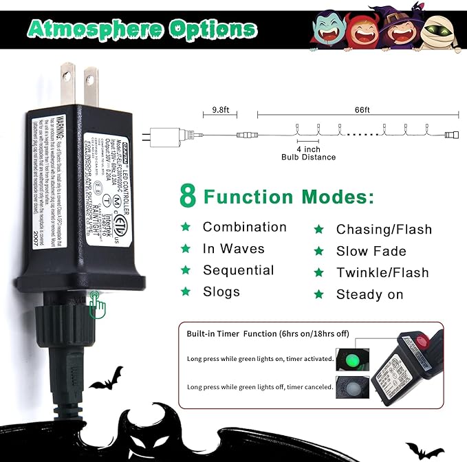 JMEXSUSS 200 LED Halloween Lights Outdoor, 66ft Connectable Green String Lights Plug in, 8 Modes Waterproof Green Christmas Lights for Outside, Indoor, Yard, St Patrick's Day, Xmas, Halloween Decor