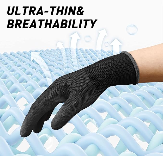 Ultra-Thin PU Coated Work Gloves 12 Pairs Breathable High Dexterity Gardening Warehouse Assembly Precision Tasks