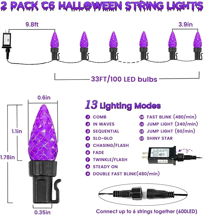 2 Pack C6 Halloween Lights Outdoor Indoor, Total 200 LED 66 FT Connectable Halloween String Lights with Timer & 13 Modes, Waterproof Twinkle Light for Porches Tree Horror Party Decorations (Purple)