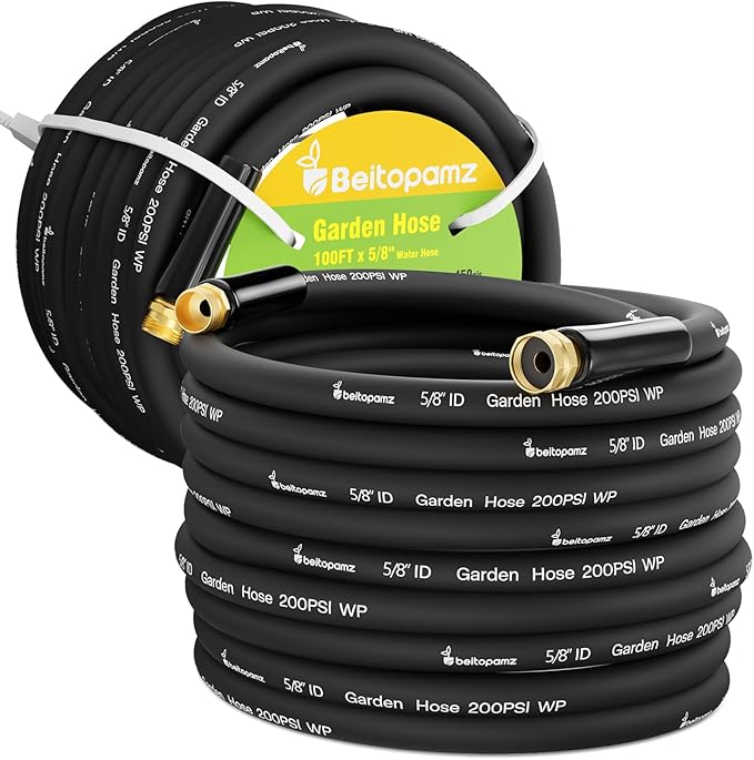 100 ft Garden Hose, 5/8 in Heavy Duty Water Hose, Flexible and Durable, Lightweight Rubber Hybrid Hose, Leak-Free Connections, Male to Female Fittings, BT100B, Black