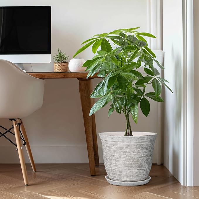 Ceramic Planter - 12 Inch Plant Pot with Drainage Hole and Saucer, Round Large Plant Pots for Indoor Outdoor, Modern Decorative Flower Pots, Garden Room Home Decor, Housewarming Gifts, Grey