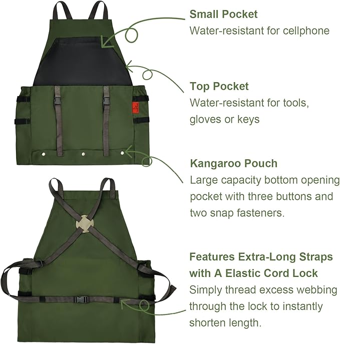 Extra Gardening Apron Waterproof Cross Back Apron, 600D Heavy Duty Apron Harvest and Large Quick Release Pockets