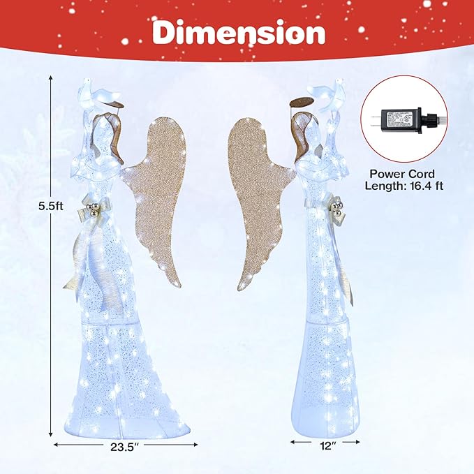 Tangkula 5.5 FT Christmas Lighted Angel, 3D Pre-lit Halo Angel with Pigeon, Golden Wings, Zip Ties and Ground Stakes, Xmas Holiday Decoration for Outdoor Indoor Home Yard Porch