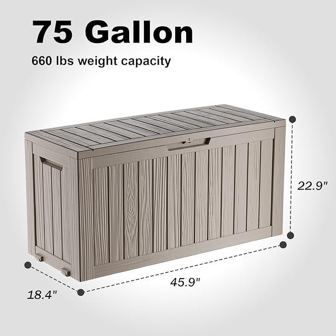 DRATO 75 Gallon Deck Box, Waterproof Resin Large Outdoor Storgae Box for Patio Furniture, Patio Cushions, Gardening Tools, Pool Supplies, Lockable