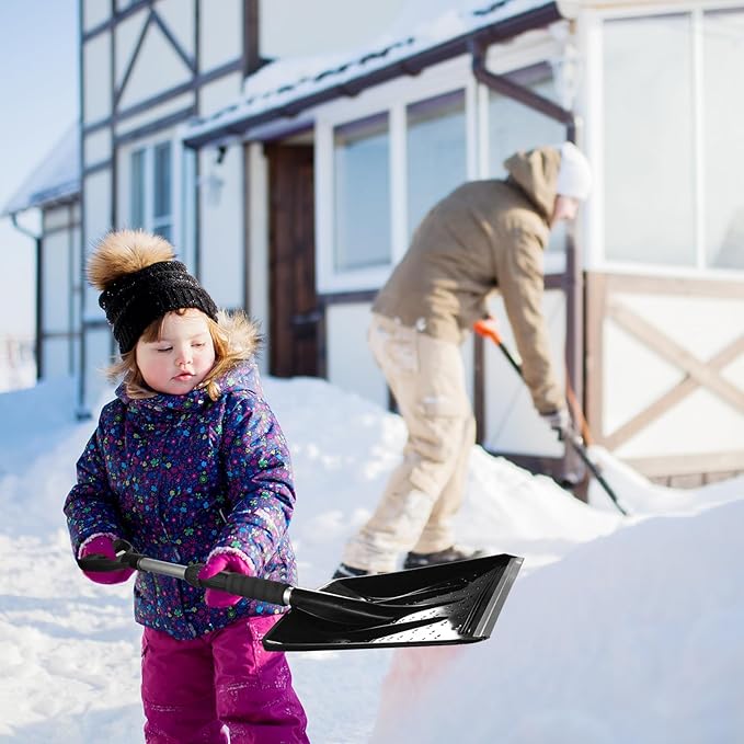 4 Pcs Kids Snow Shovels with D-Grip Handle, Adjustable Snow Shovels for Toddlers Boys Girls, Portable ＆ Lightweight Shovel for Garden, Camping, Driveway, Car, Outdoor Activities, Snow Removal (Black)