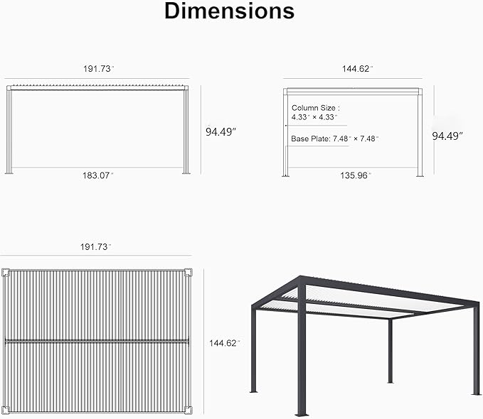 PURPLE LEAF Louvered Pergola 12' x 16' Outdoor Aluminum Pergola with Hidden Drainage System and White Adjustable Sun Shade Roof Patio Hardtop Large Pergolas for Patio Dining Lounge Poolside Fire Pit