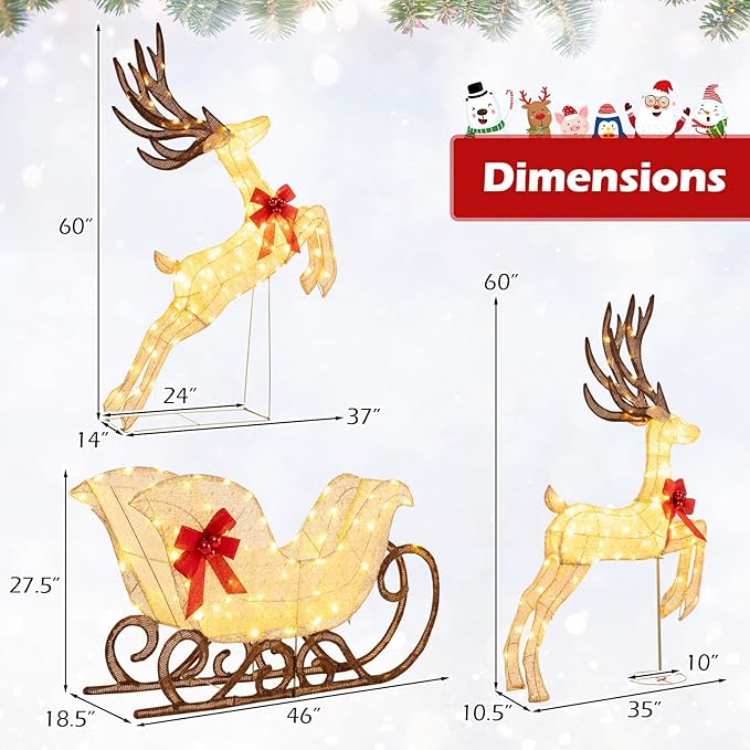 Tangkula 3-Piece Christmas Lighted Reindeer & Sleigh Set, 7 FT Lighted Xmas Holiday Outdoor Yard Decoration Set with Ground Stakes, Indoor & Outdoor Holiday Yard Display for Lawn, Garden