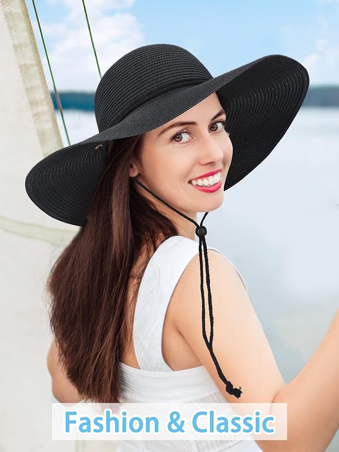 Senker Fashion Sun Hats for Women, Wind Lanyard Wide Brim Straw Hat for Summer Beach Garden Vacation Foldable UPF 50+