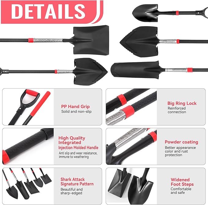 SHARK ATTACK 5-Piece Steel Shovel Set with D-Grip Handles - Multi-Size Garden Shovels with Powder Coating for Digging, Planting & Car Emergency