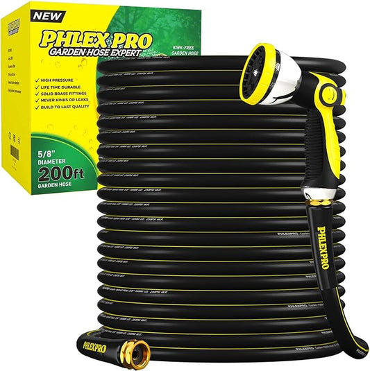 Garden Hose Set 200FT - PHLEX PRO Heavy-Duty Premium 5/8'' Rubber 3-Layer Water Hose - Innovation Flexible Hybrid Lightweight Water Hose with 10 Pattern Spray Nozzle, Full Brass Male to Female Fitting