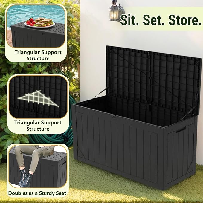 100 Gallon Outdoor Storage Box Waterproof Lockable Resin Deck Box Large, Patio Storage Bin for Pool Accessories Cushion Furniture, Garden Tools, UV-Resistant Outside Delivery Black
