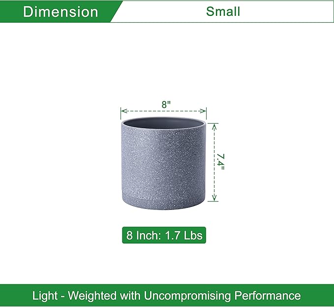 D'vine Dev 8 Inch Plastic Planter Pots for Plant Pot with Drainage Hole and Seamless Saucers, Speckled Gray Color, 74-X-G-1