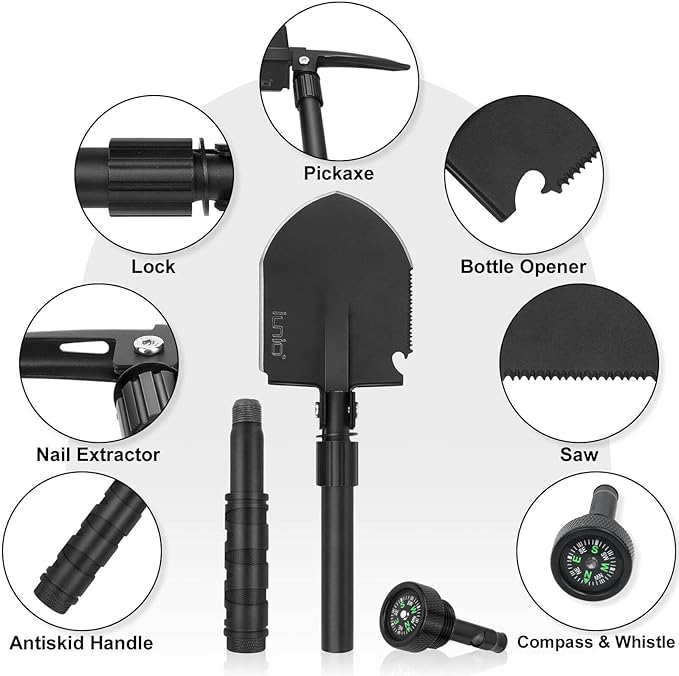 iunio Camping Shovel,Shovel Folding, Portable, Multitool, Foldable Entrenching Tool, Collapsible Spade, for Backpacking, Trenching, Hiking, Survival, Car Emergency