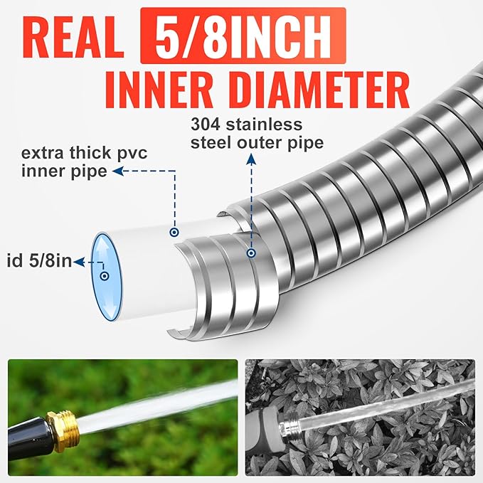 YAMATIC 100FT Stainless Steel Garden Hose with 10 Pattern Spray Nozzle, Heavy Duty Metal Water Hose, Kink-Free, Rust Resistant Hose for Yard, Lawn, RV, Outdoor