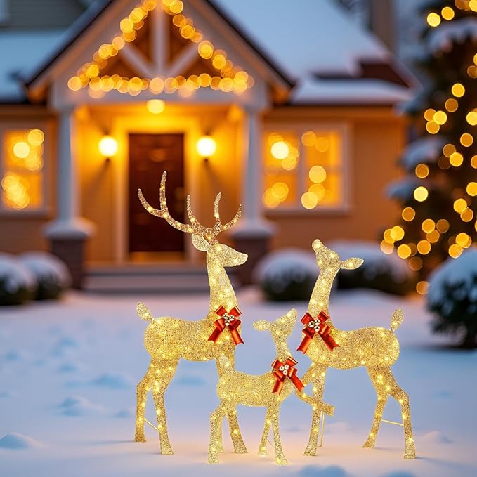 YULETIME 3-Piece Pre-lit 2.5D Christmas Reindeer Family, Lighted Glitter Deer Holiday Decoration With Warm White LED Lights