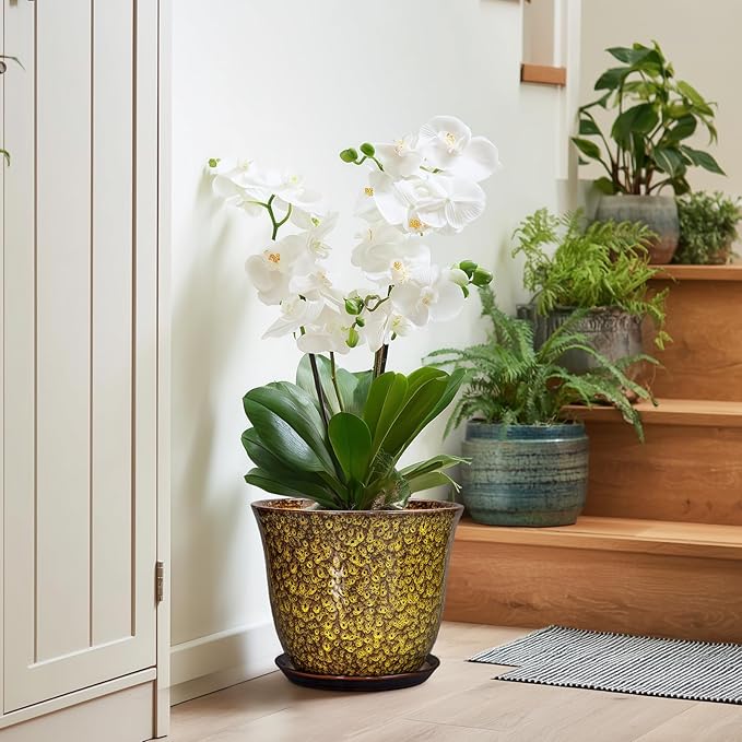 Ceramic Pots for Plants - 10 Inch Plant Pot for Indoor Outdoor, Round Planter with Drainage Hole and Saucer, Modern Flower Pot, Decorative Planters, Home Garden Decor, Birthday Gift, Yellow